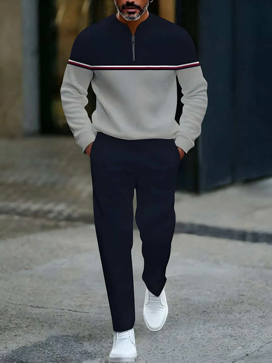 Men's Casual Gray & Navy Blue Color Matching Striped Printed Round-Neck Zipper Long Sleeved Tops & Trousers Two-Piece Set