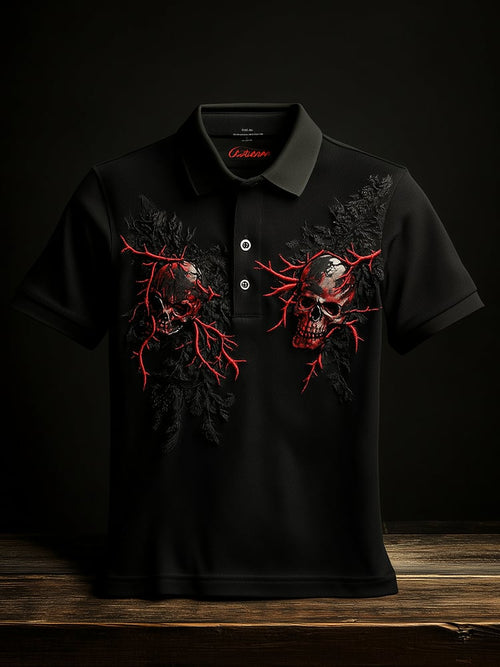 Men's Business Casual Skull Print Button-Down Polo Shirt