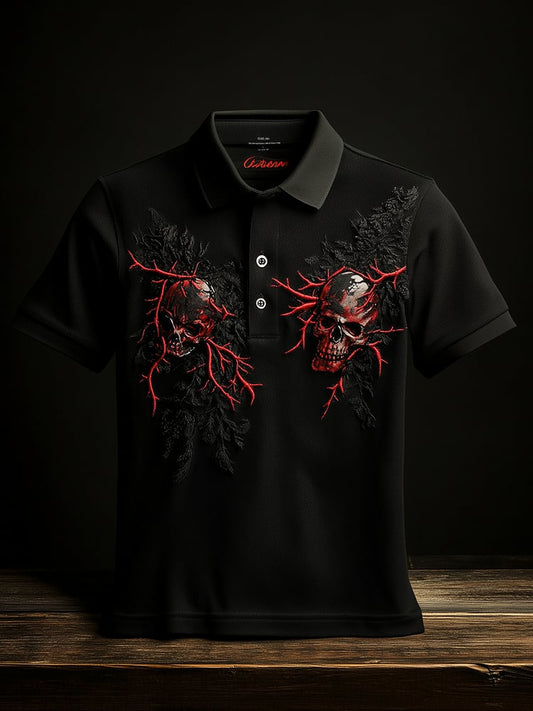 Men's Business Casual Skull Print Button-Down Polo Shirt