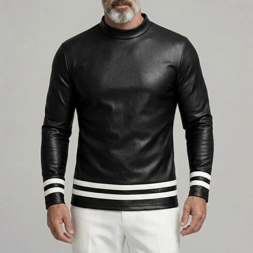 Men's Black PU Leather Mock Neck Contrast Striped Hem Long Sleeve T-Shirt