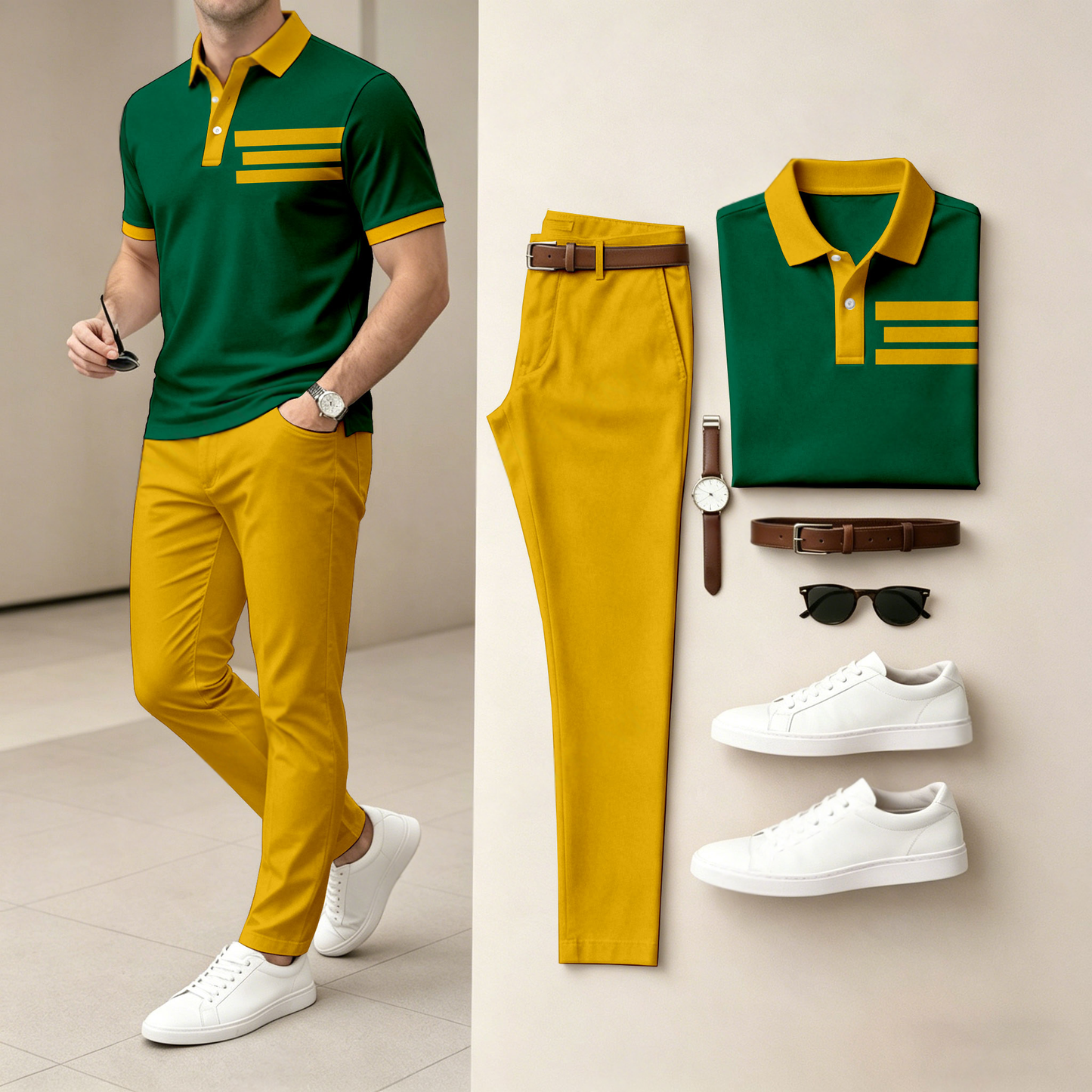 Men's Casual Color-Blocked Printed Short-Sleeve Polo Shirt And Pants Set (Excludes Accessories Such As Watches And Belts)