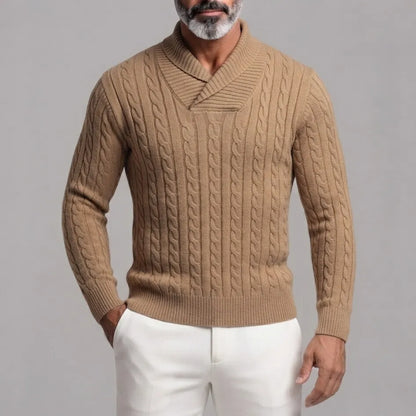 Men's Solid Color Cable Knit Shawl Collar Slim Fit Pullover Sweater