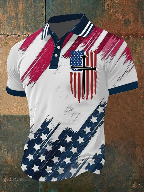 Men's Retro Faith Flag Cross Printed Casual POLO Shirt