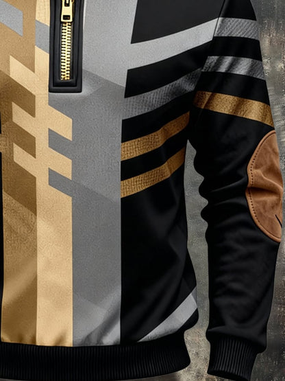 Men's Retro Color Block Print Zipper Sweatshirt