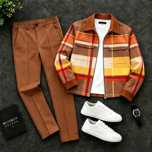 Men's Colorful Checkered Jacket and Pants Set