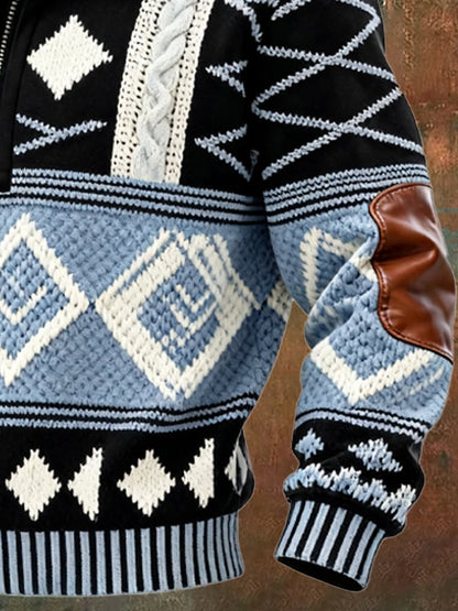 Men's Retro Color Block Print Casual Fur Collar Sweatshirt