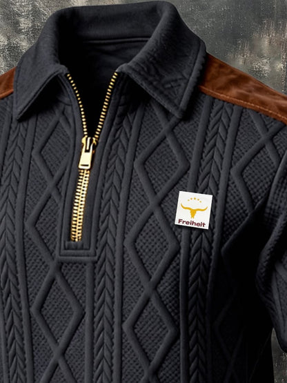 Men's Retro Jacquard Textured Patchwork Comfortable Color-Blocked Zip-Up Sweatshirt