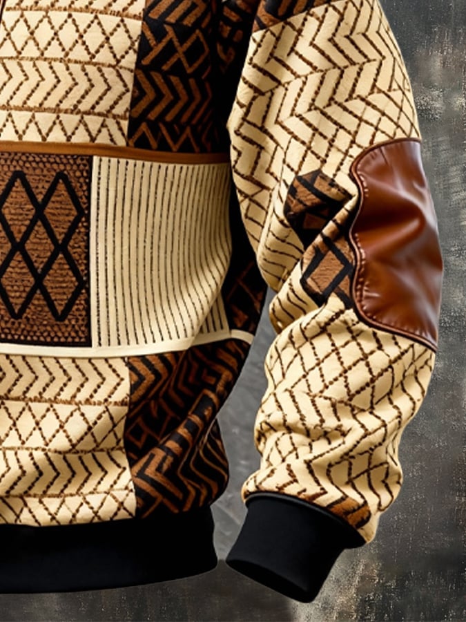 Men's Retro Color Block Print Zipper Sweatshirt