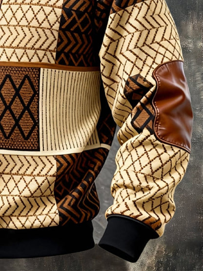 Men's Retro Color Block Print Zipper Sweatshirt