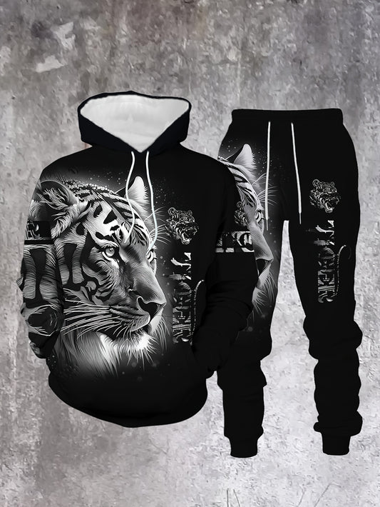 Men's Casual “Tiger" Printed Hoodies Long Sleeved Sweatshirts & Sweatpants Two-Piece Set