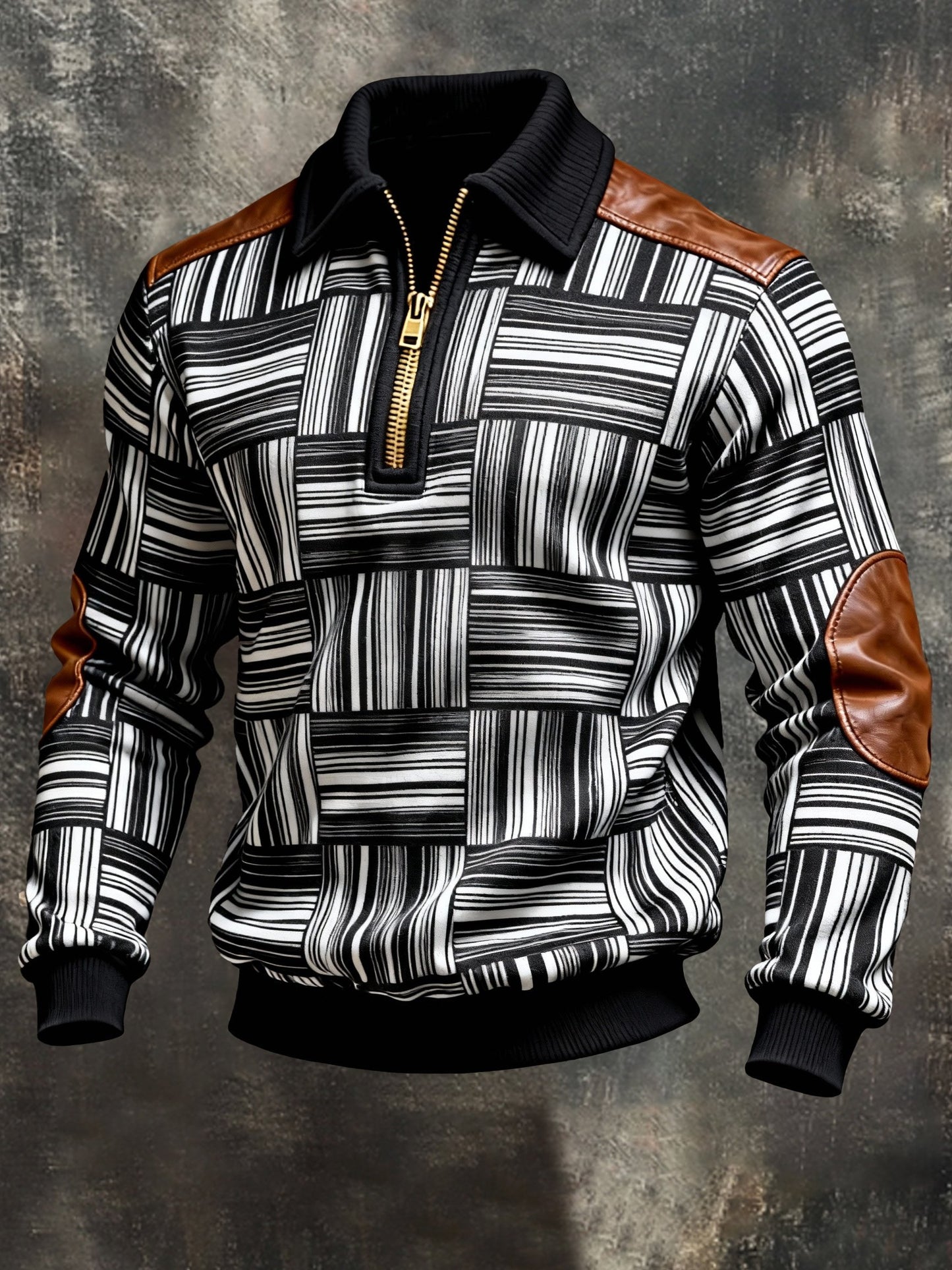 Men's Vintage Color-Block Printed Zip-Up Hoodie