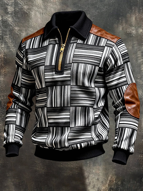Men's Vintage Color-Block Printed Zip-Up Hoodie