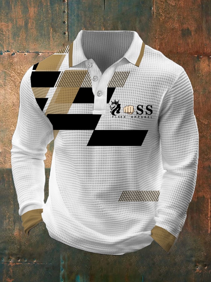 Men's Retro Letter Design Waffle Fabric Long Sleeve Polo Shirt