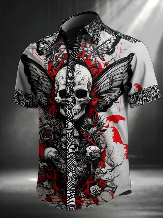 Men's Retro Skull Print Lapel Short Sleeve Shirt