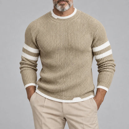 Men's Black Contrast Stripes Ribbed Knit Crew Neck Casual Pullover Sweater