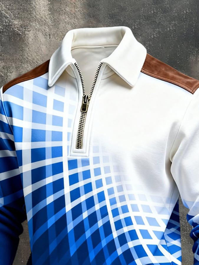 Men's Retro Color Block Print Color-Blocked Zip-Up Sweatshirt
