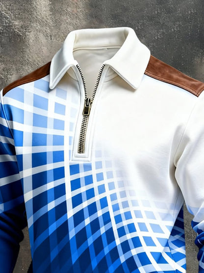 Men's Retro Color Block Print Color-Blocked Zip-Up Sweatshirt