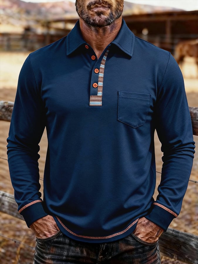 Men's Vintage Color-Block Long-Sleeved Polo Shirt