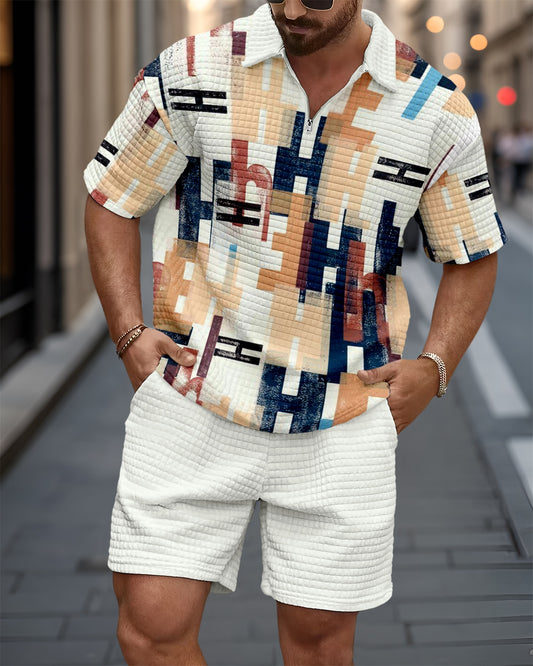 Men's Waffle Texture Summer Polo Shirt Set 117
