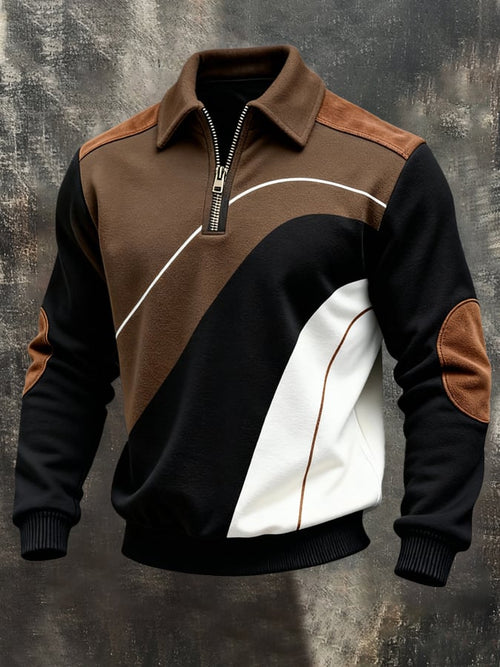 Men's Retro Color Block Print Color-Blocked Zip-Up Sweatshirt