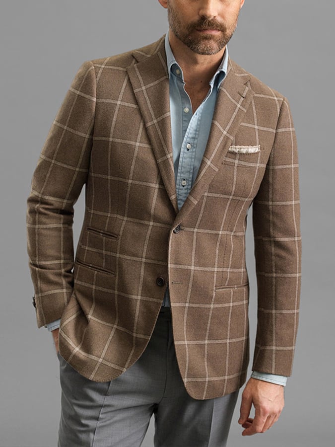 Men's Vintage Double-Breasted Plaid Gentleman's Business Suit Jacket