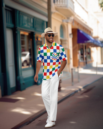 Men's Retro Colorblock Short Sleeve Shirt Walking Suit 1153