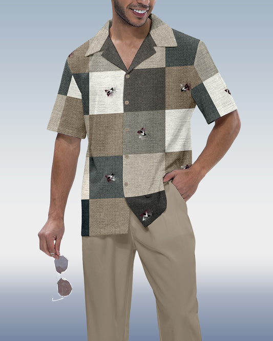 Men's plaid printed short-sleeved shirt walking suit 881