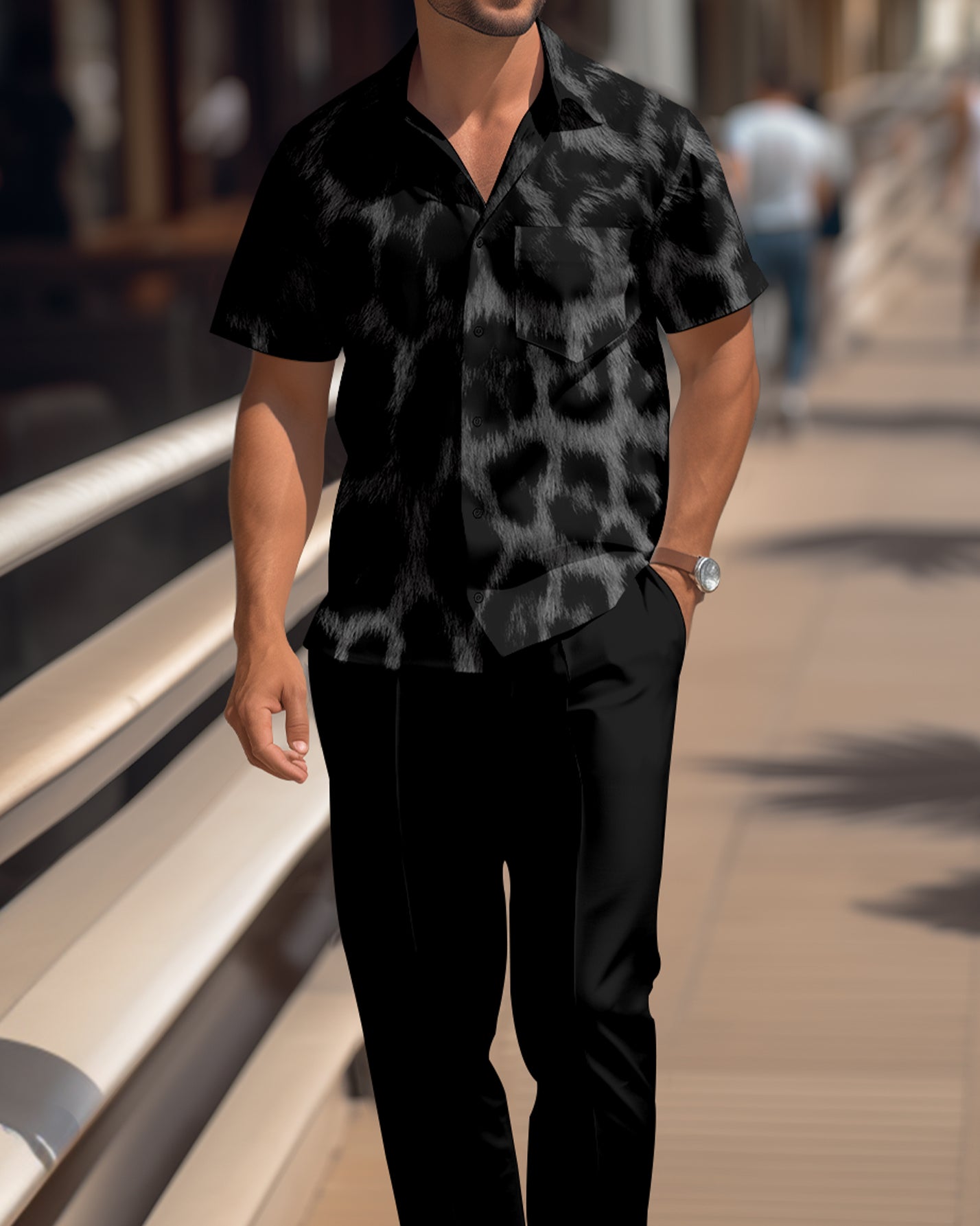 Men's Red Leopard Print Short Sleeve Shirt Walking Suit 1673