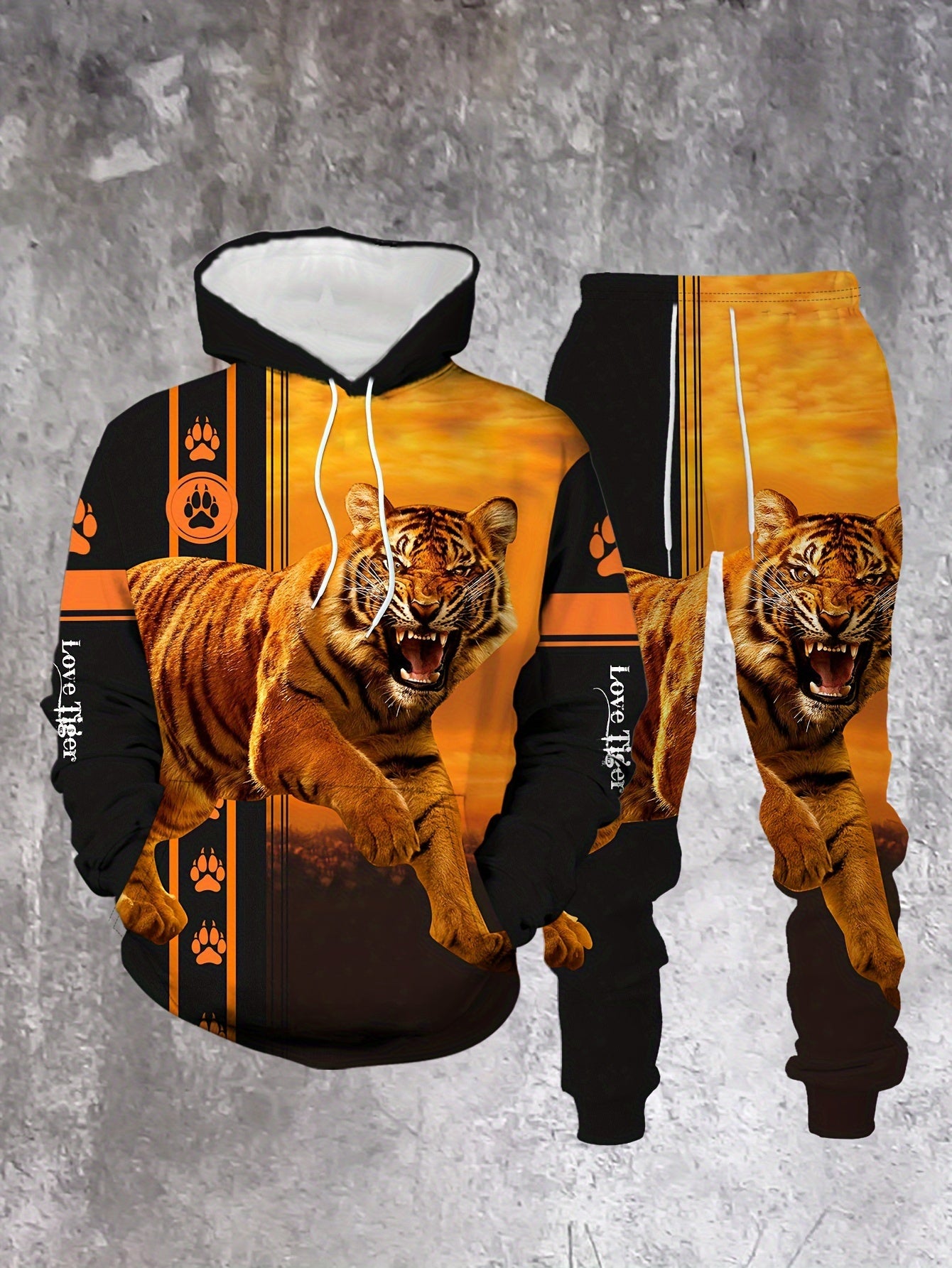 Men's Casual “The Tiger“ Printed Hoodies Long Sleeved Sweatshirts & Sweatpants Two-Piece Set