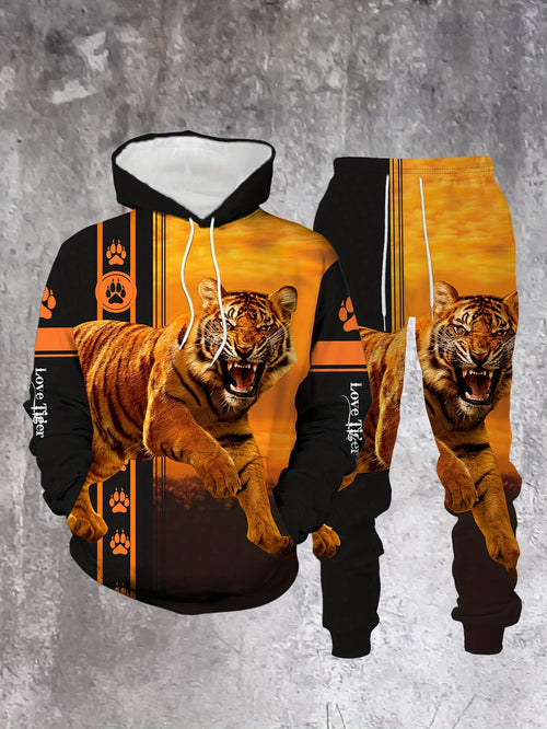 Men's Casual “The Tiger“ Printed Hoodies Long Sleeved Sweatshirts & Sweatpants Two-Piece Set