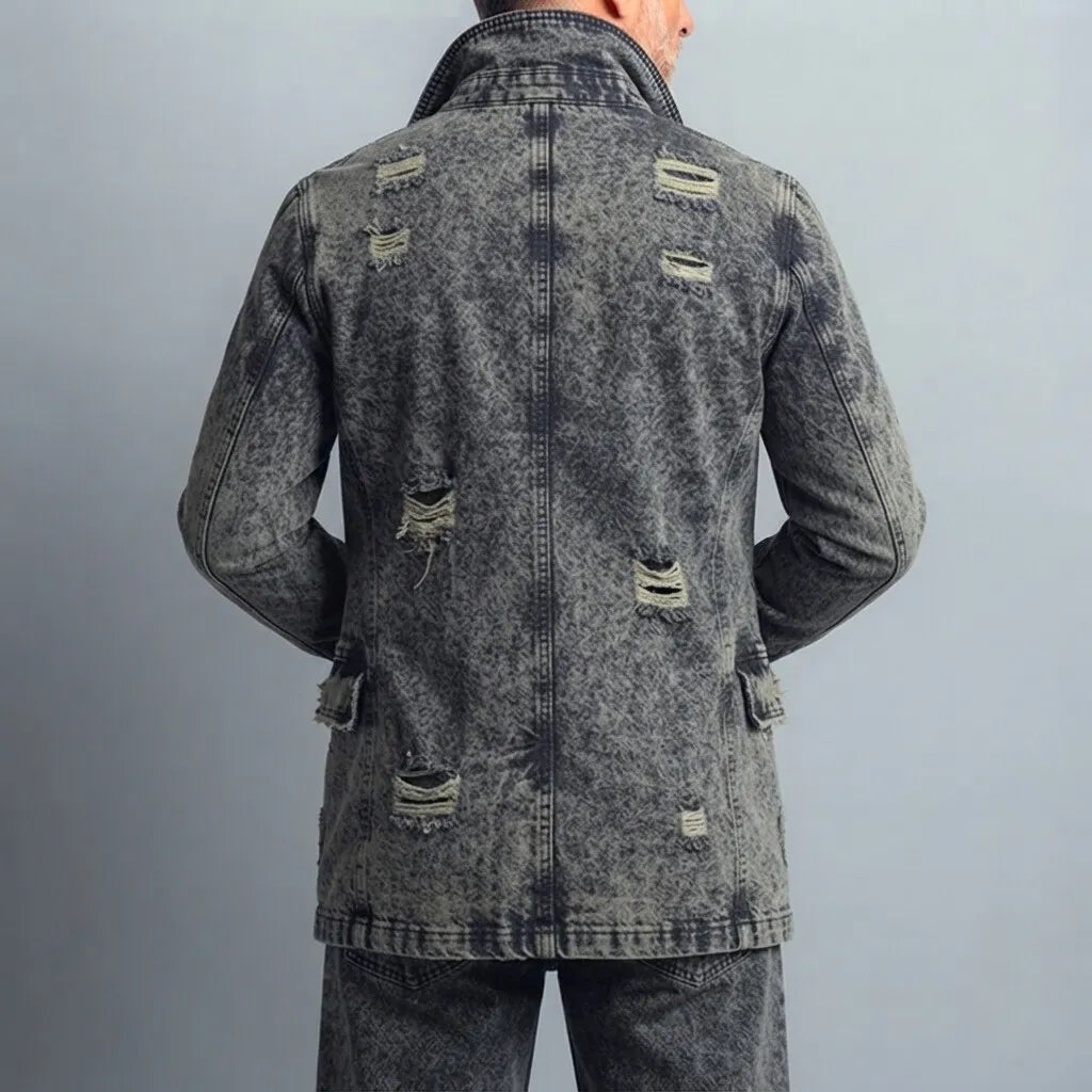 Men's Vintage Notched Lapel Single Breasted Wash Distressed Ripped Frayed Pocket Long Sleeve Denim Jacket