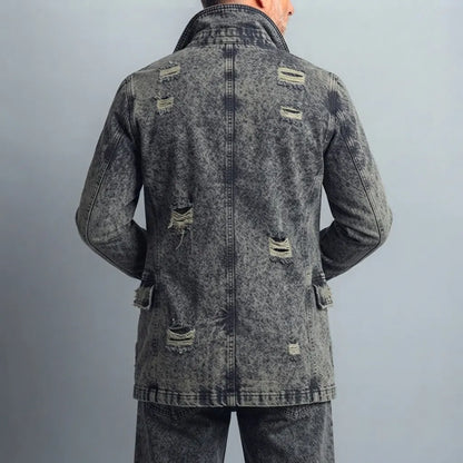 Men's Vintage Notched Lapel Single Breasted Wash Distressed Ripped Frayed Pocket Long Sleeve Denim Jacket