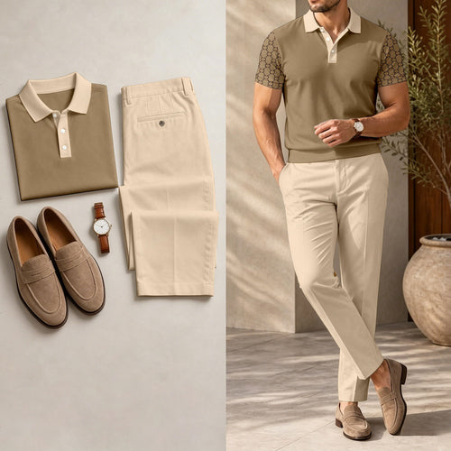 Men's Casual Brown Plaid Printed Polo Shirt And Pants Two-Piece Set