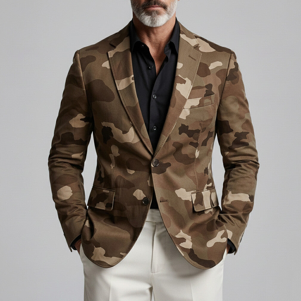 Men's Retro Camouflage Print Notched Lapel Two Button Slim Long Sleeve Blazer