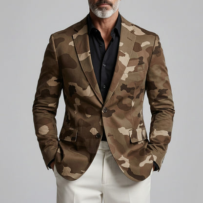 Men's Retro Camouflage Print Notched Lapel Two Button Slim Long Sleeve Blazer