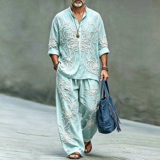 Men's Floral Stand-Collar Polo Shirt and Long Pants Two-Piece Suit Set