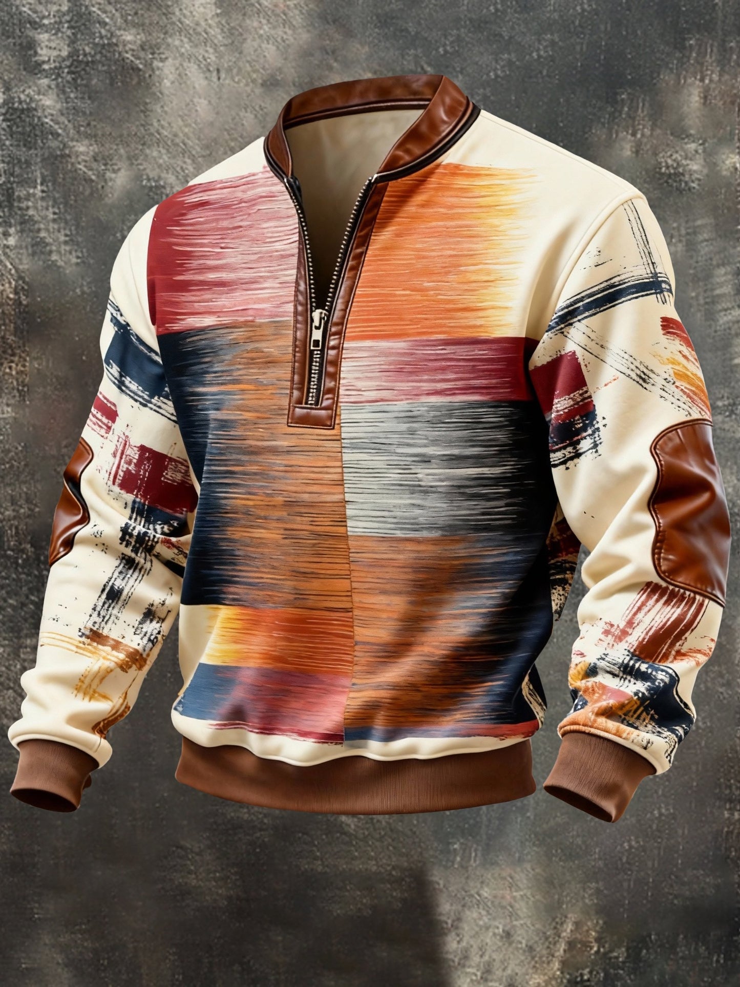 Men's Vintage Color-Block Printed Zip-Up Hoodie