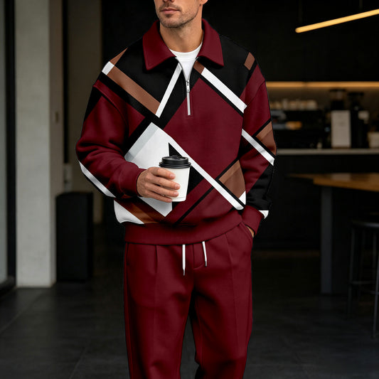 Men's Multi-Color Blocked Zipper Polo Shirt and Pants Set
