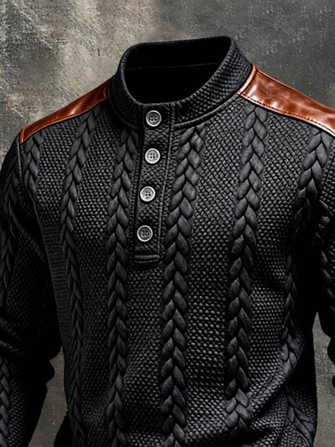 Men'S Vintage-Style Textured Patchwork Color-Block Long-Sleeved Sweatshirt
