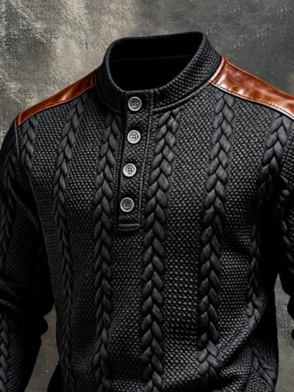 Men'S Vintage-Style Textured Patchwork Color-Block Long-Sleeved Sweatshirt