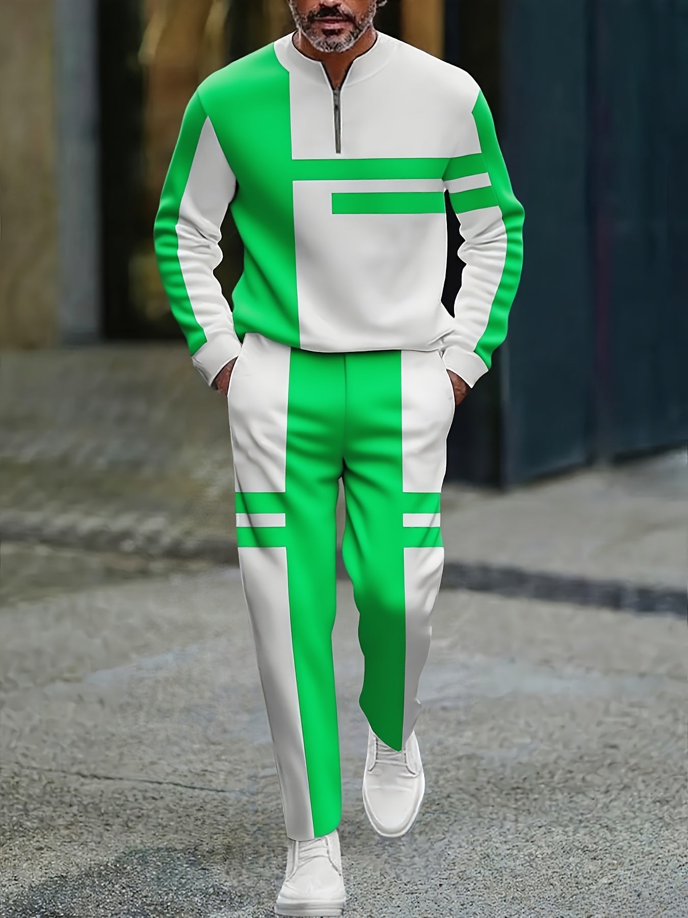 Men's Casual Green & White Color Matching Striped Printed Round-Neck Zipper Long Sleeved Trousers Two-Piece Set