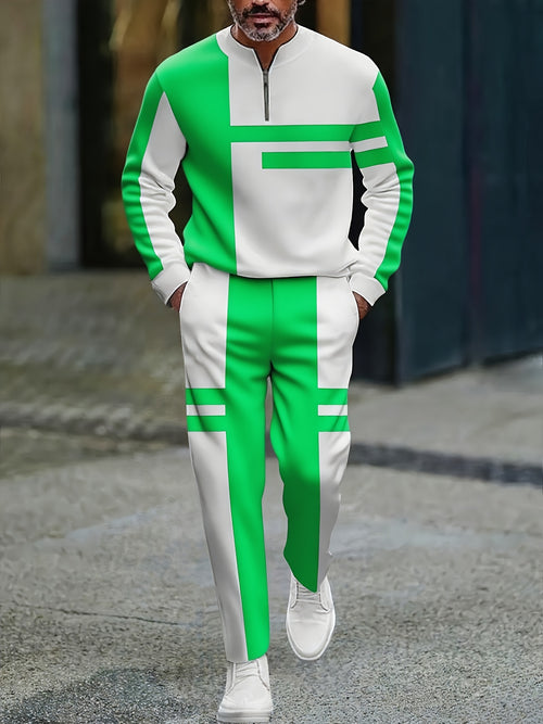 Men's Casual Green & White Color Matching Striped Printed Round-Neck Zipper Long Sleeved Trousers Two-Piece Set