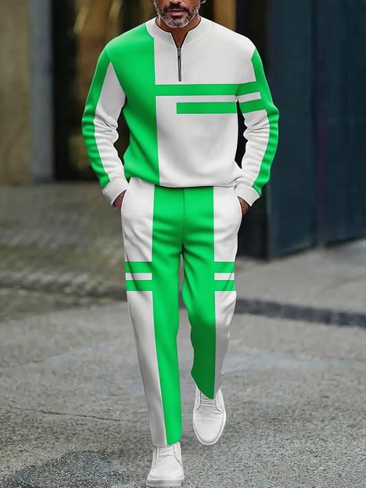 Men's Casual Green & White Color Matching Striped Printed Round-Neck Zipper Long Sleeved Trousers Two-Piece Set
