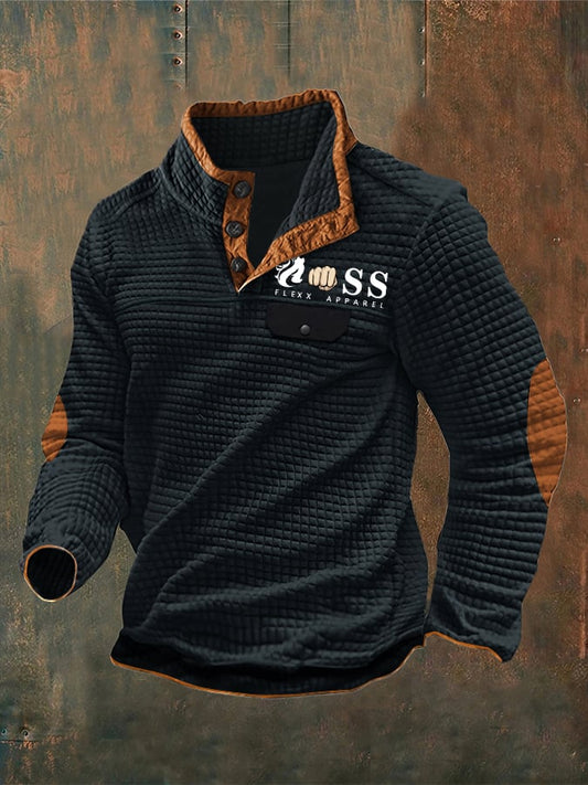 Men's Vintage Lettering Printed Stand Collar Check Button Sweatshirt