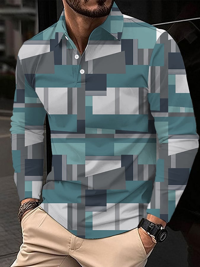 Men's Business Style Geometric Print Long Sleeve Polo