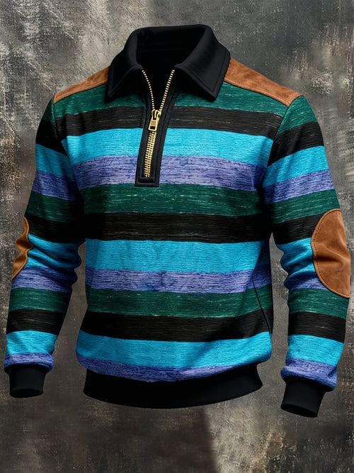 Men's Retro Color Block Print Zipper Sweatshirt