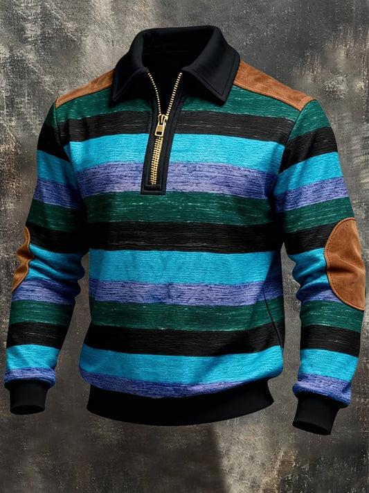 Men's Retro Color Block Print Zipper Sweatshirt