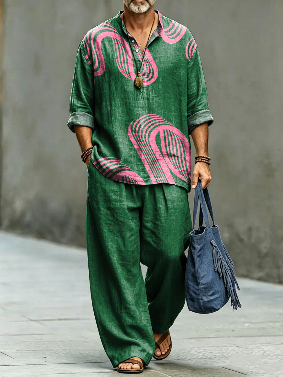 Men's Retro Abstract Geometric Print Casual Linen Two-piece Set (top & Pants)