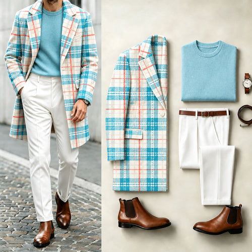Men's Checkered Print Suit Set: Coat, Knit Sweater, and Pants