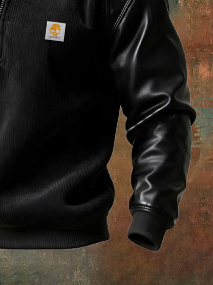 Men's Vintage Corduroy Leather Stitching Zipper Fur Collar Sweatshirt
